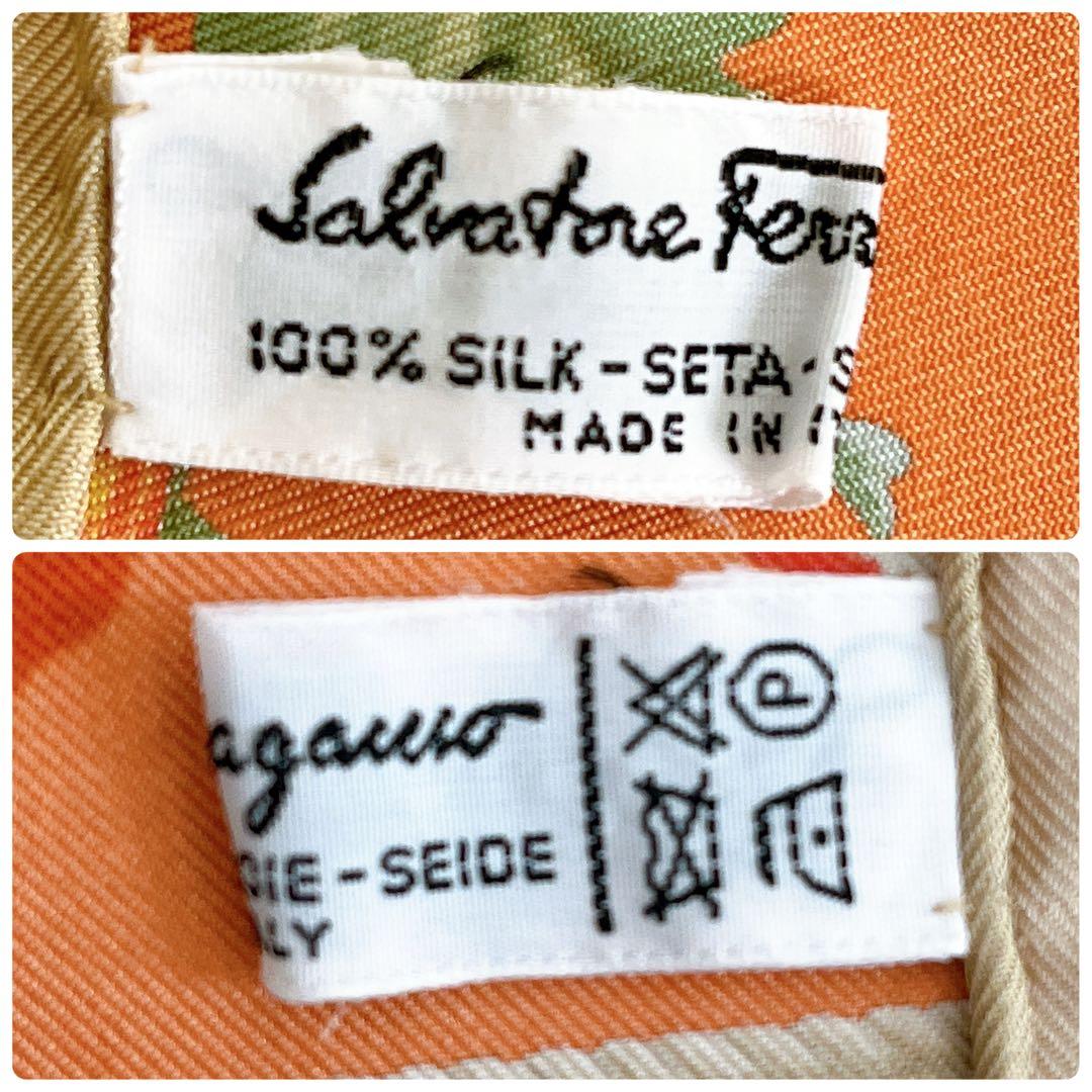 フェラガモ シルク 大判 スカーフ イタリア製 総柄 花 鳥 オレンジ系